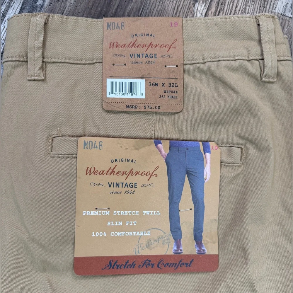 Weatherproof Men's 36 x 32 Khaki Chinos Slim Fit Stretch Twill NWT - Picture 3 of 8